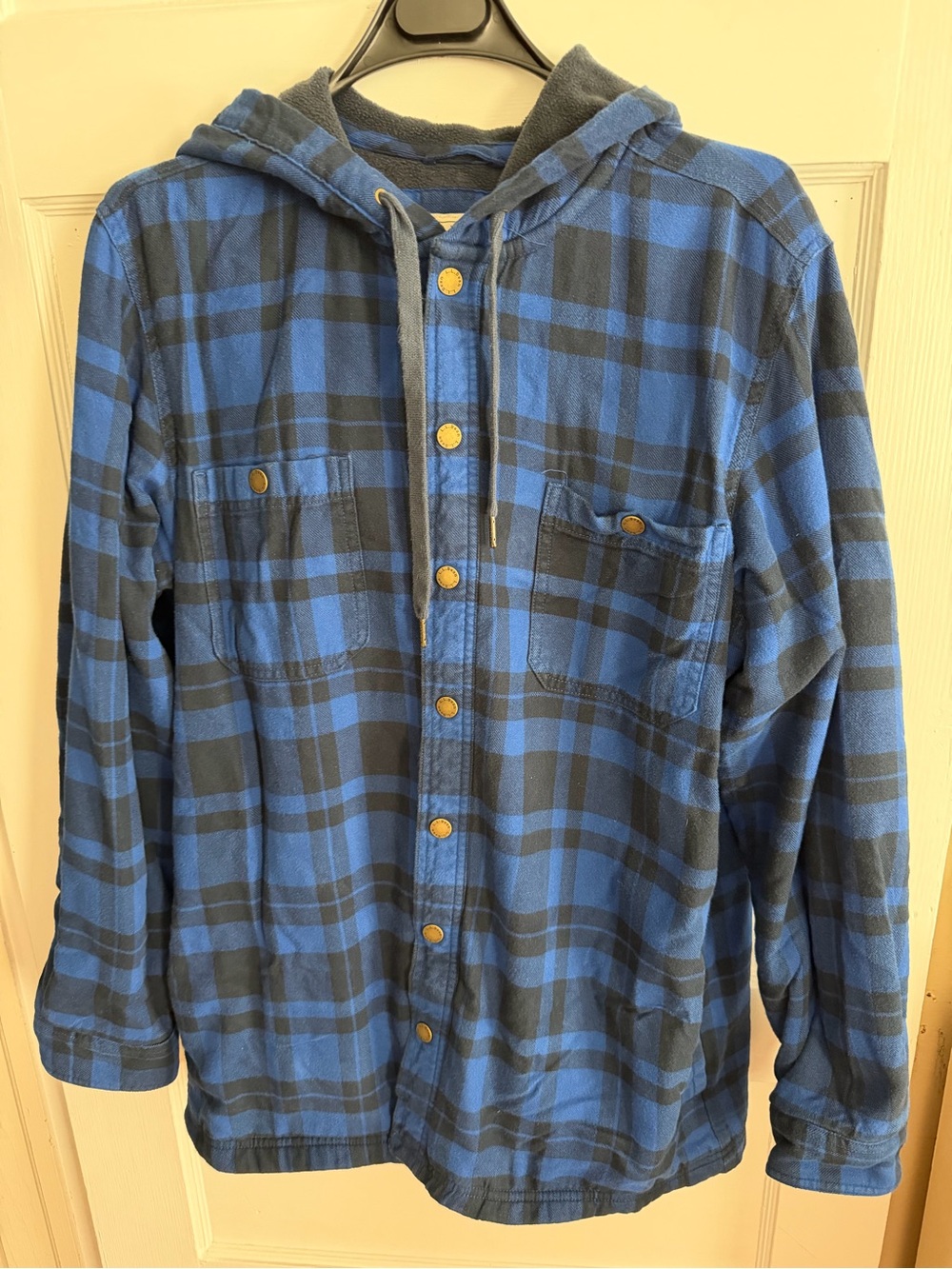L.L. Bean Blue and Black Plaid Hooded Snap-Front Jacket